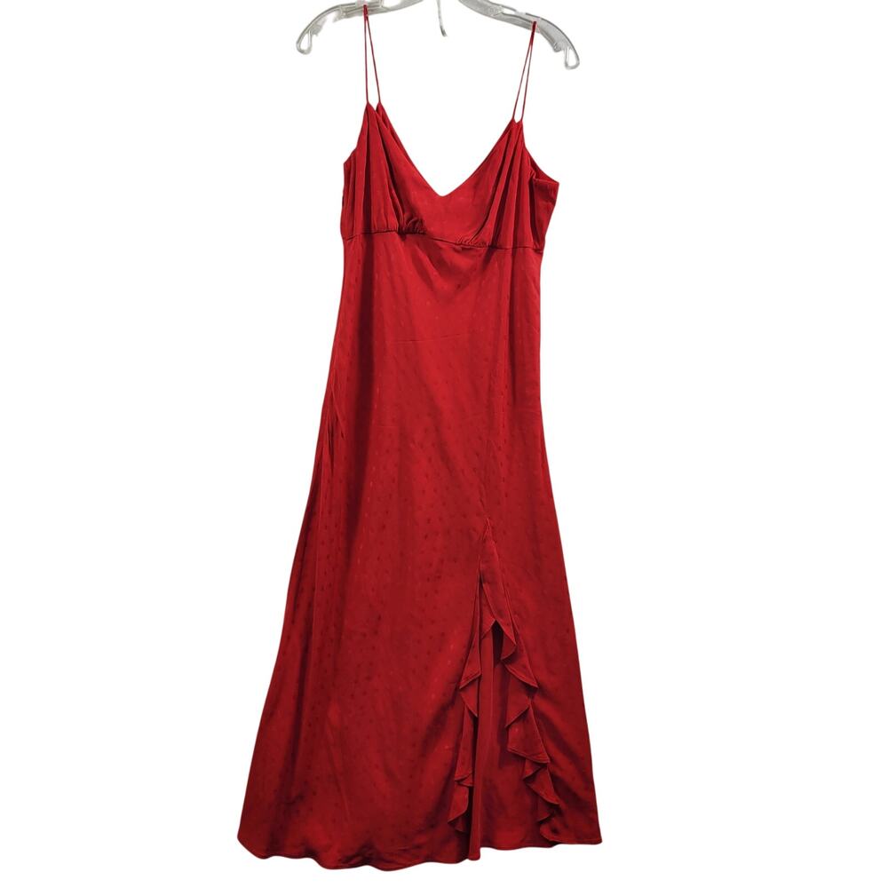 Zara Jacquard Dot Red Spaghetti Strap Front Slit With Ruffle Dress Size M 3825